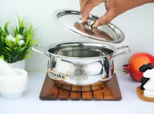 Stainless Steel Serving Pot with Lid | Patila/Bhagona/Handi Set – 3 Pieces (1500ml 1000ml 750ml) | Laser Design Lid with Knob | Multipurpose Cooking &amp Serving Cookware Set