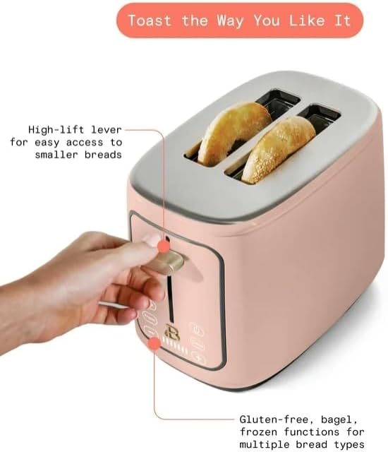 Beauti 2 Slices Toaster with Touch Activated Display 900 W Bagel/Frozen/Reheat Presets Wide Slots Easy Cleaning (Rose)