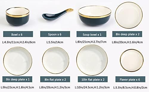 Ceramics Dinnerware Sets with Golden Rim Blue Porcelain Bowls and Plates Sets Round 26 Pieces Stoneware Dishes Set for 6 Ceramic Dinner Sets for Parties Wedding Housew