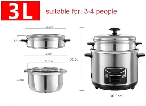 Rice Cooker and Steamer with Keep Warm Function 304 Stainless Steel Liner Includes Spatula and Measuring Cup for 1-11 People(3L)