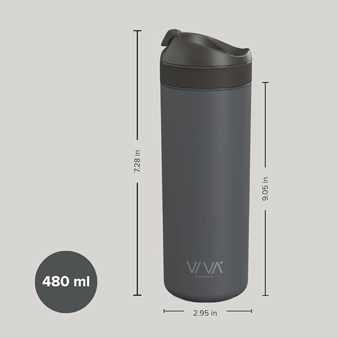 VIVA Recharge Grey Insulated Tea &amp Coffee Mug &amp Travel French Press Coffee Maker 16 oz Brew &amp Drink From the Same Coffee Mug On the Go or Camping