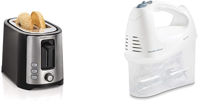 Hamilton Beach 2 Slice Extra Wide Slot Toaster with Bagel &amp Defrost Settings Shade Selector (22633) and Hamilton Beach 6-Speed Electric Hand Mixer with Whisk Traditional Beaters (White)