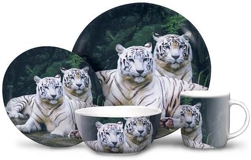 Generic 16-Piece Wildlife Dinnerware Set with 4 Dinner Plates 4 Salad Plates 4 Soup Bowls 4 Mugs Tiger Medium