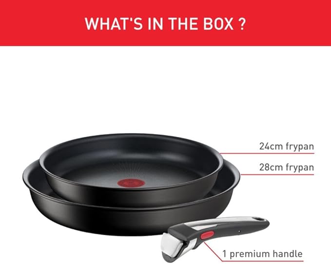 Tefal Ingenio Unlimited ON 3 piece Non-Stick Induction Pan Set 24 &amp 28 cm Frying Pans 1 Removable Handle Easy Cleaning Heat Indicator Black L3959143