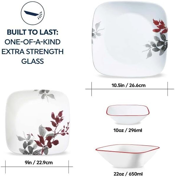 Corelle Kyoto Leaves 16pc Service for 4 Dinnerware Set 8 plates bowls Chip &amp Break Resistant Dinner and Corelleware White