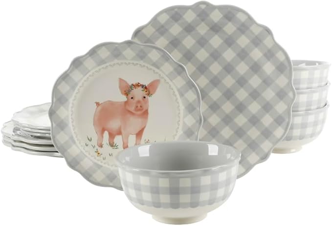 Pig Gingham 12-Piece Ceramic Dinnerware Set