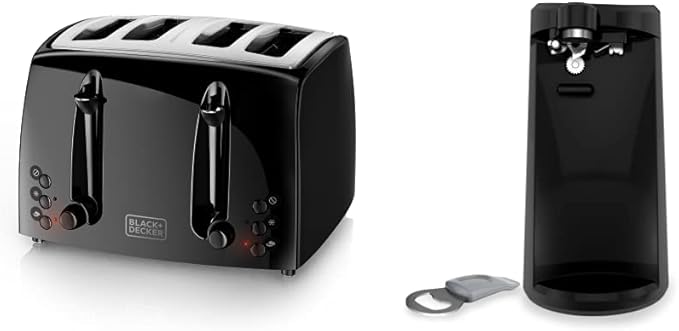BLACK+DECKER 4-Slice Toaster Extra-Wide Black TR1410BD10.91x11.54x7.71 &amp EasyCut Extra-Tall Can Opener with Knife Sharpener and Bottle Opener Black EC500B-T