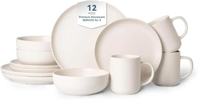 12-Piece Stoneware Dinnerware Set White Matte Glaze Service for 3 Includes Dinner Plates Salad Plates Bowls Mugs Microwave and Dishwasher Safe