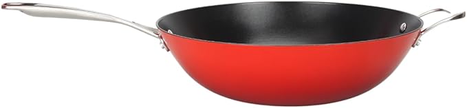 LAGUIOLE Cast Iron Wok 32 x 9 cm Red - Optimum Heat Retention Lightweight Durable Non-Stick Elegant Design All Heat Sources Induction 100% Cast Iron 5L Red