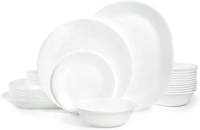 Corelle Vitrelle 38-Piece Service for 12 Dinnerware Set Triple Layer Glass and Chip Resistant Lightweight Round Plates and Bowls Set Winter Frost White