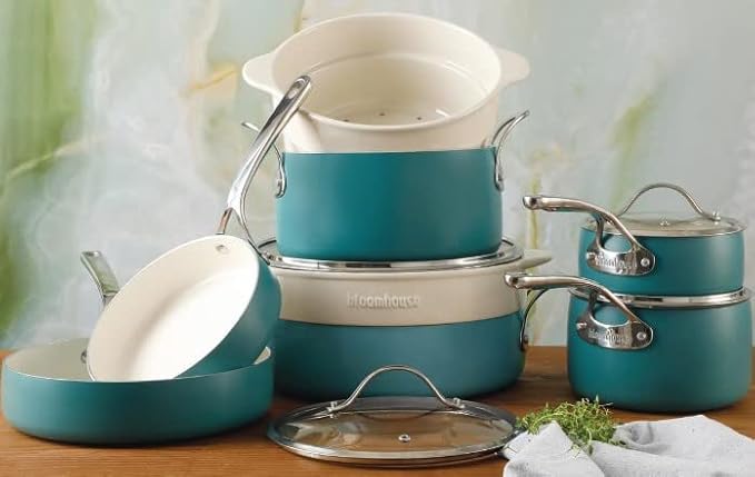 Bloomhouse 12 Piece Aluminum Pots and Pans Cookware Set w/Non-toxic Ceramic Non-stick Ceramic Steamer Insert &amp 12 Protective Care Bags - Agave Blue