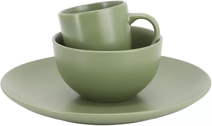 12 Piece Stoneware Dinnerware Set – Round Plates Bowls &amp Mugs for 4 Dishwasher &amp Microwave Safe Modern Matte Finish (Green)