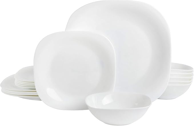12 Piece White Tempered Opal Glass Dinnerware Set Service for 4 Chip Resistant Microwave &amp Dishwasher Safe