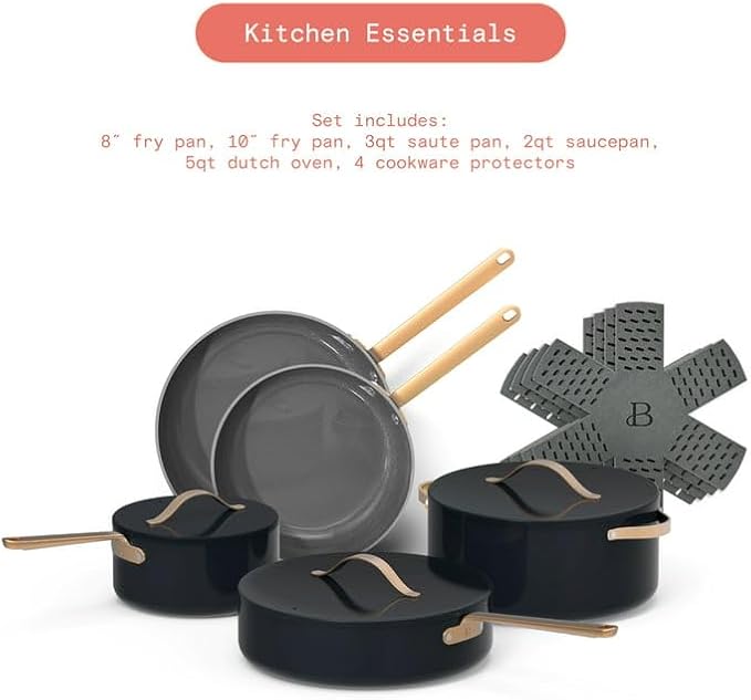 Black Sesame Full 12-Piece Non-Toxic Non-Stick Ceramic Cookware Set | Oven safe up to 500°F | NOT Made With Forever Chemicals | Drew Barrymore (Black Sesame)