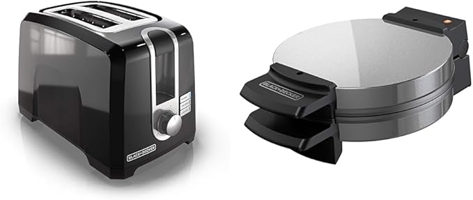 BLACK+DECKER 2-Slice Toaster T2569B Extra Wide Slots 6 Shade Settings 850 Watts Crub Tray &amp Belgian Waffle Maker Stainless Steel WMB500Silver