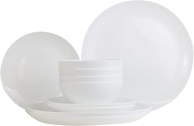 BLUENIYA 12 Piece Bone China Dinnerware Set - White Lightweight Chip &amp Break Resistant Dish Set for 4 - Modern Round Plates &amp Bowls Microwave &amp Dishwasher Safe for Everyday &amp Specia