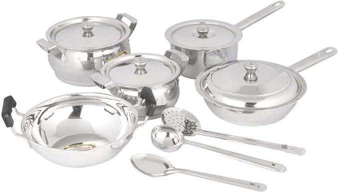 Kitchen Cookware Sets 12-Piece Basic Stainless Steel Induction Pots and Pans Serving Spoons - Oven &amp Dishwasher Safe Easy to Clean Heavy Duty Silver
