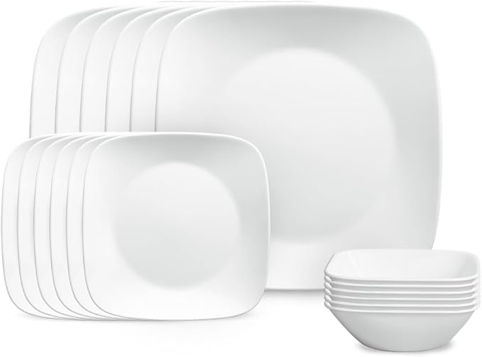 Corelle Vitrelle 18-Piece Service for 6 Square Dinnerware Set Triple Layer Glass and Chip Resistant Lightweight Square Plates and Bowls Set Pure White