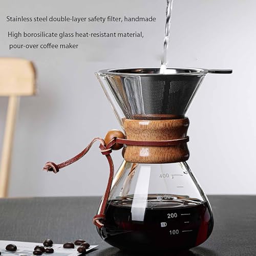 GS Pour Over Coffee Maker - 600ML Glass Carafe with Stainless Steel Filter Reusable Drip Coffee Maker for Home Office &amp Camping - Portable 13.5 OZ Coffee Brewer