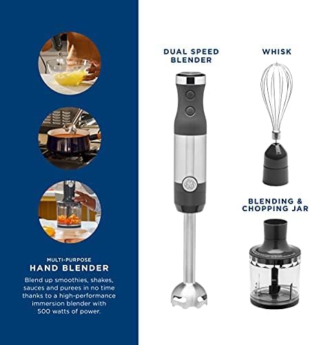 GE Immersion Blender | Handheld Blender for Shakes Smoothies Baby Food &amp More | Includes Whisk &amp Blending Jar | 2-Speed | Interchangeable Attachment for Easy Clean | 500 Watts | Stainless St