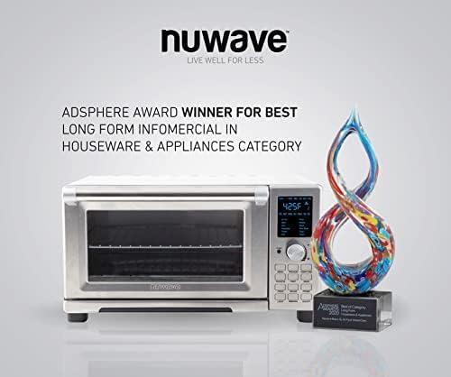 Nuwave Bravo Air Fryer Toaster Smart Oven 12-in-1 Countertop Convection 30-QT XL Capacity 50°-500°F Temperature Controls Top and Bottom Heater Adjustments 0%-100% Brushed Stainless Steel Look