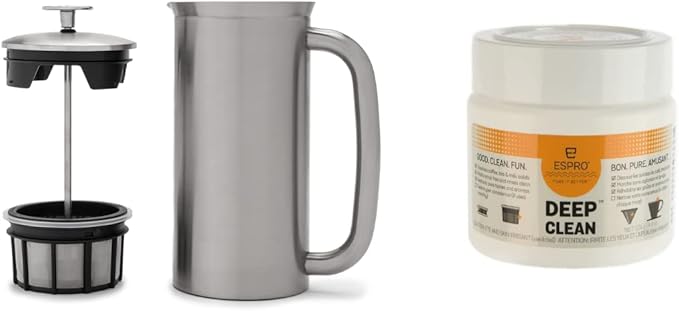 ESPRO - P7 French Press - Double Walled Stainless Steel Insulated Coffee and Tea Maker with Micro-Filter - Keep Drinks Hotter for Longer (Polished Stainless Steel 18 Oz) Cleaning Powder