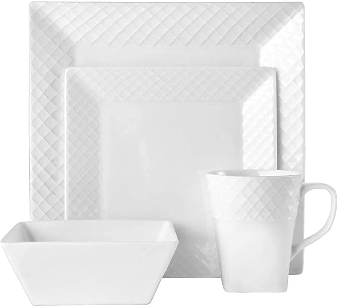 Trellis White Square 16 Piece Dinnerware Set Service For 4