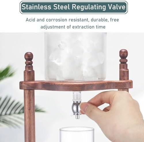 Cold Brew Drip Tower Iced Drip Coffee Maker Cold Brew Dripper Pot Cold-Drip Coffee Tower Ice Coffee Machine Wooden Glass 600ml(B)