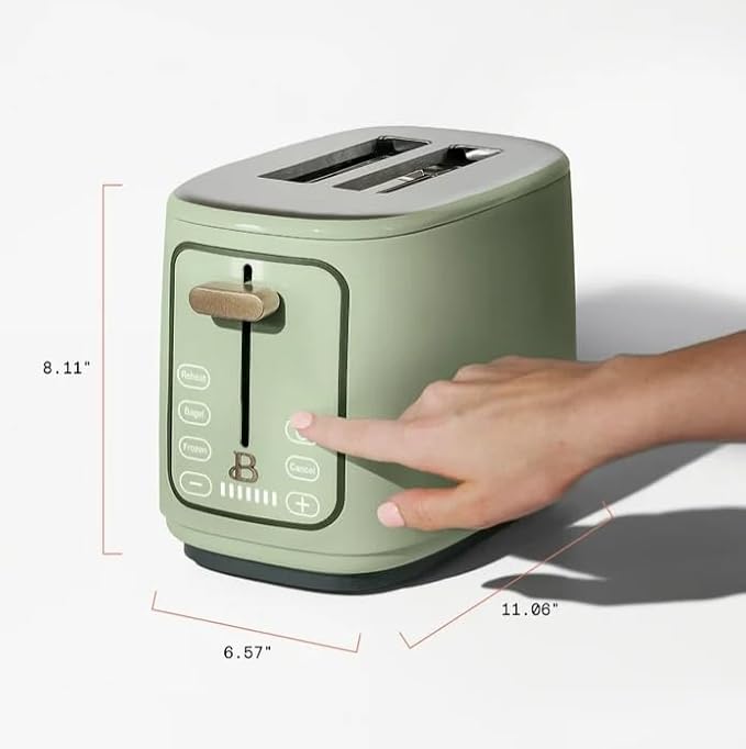 Beauti 2 Slices Toaster with Touch Activated Display 900 W Bagel/Frozen/Reheat Presets Wide Slots Easy Cleaning (Sage Green)