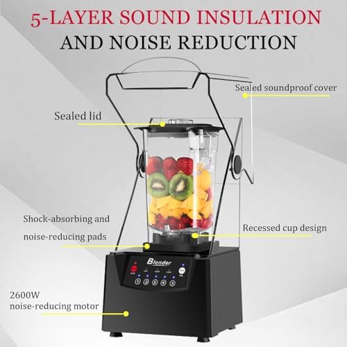 Quiet Commercial Blender with Soundproof Shield 2200W Professional High-Speed Blender 70oz Jar Self-Cleaning Ideal for Smoothies Soups and Sauces 220V Kitchen Appliance