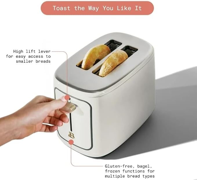 Beauti 2 Slices Toaster with Touch Activated Display 900 W Bagel/Frozen/Reheat Presets Wide Slots Easy Cleaning (White Icing)