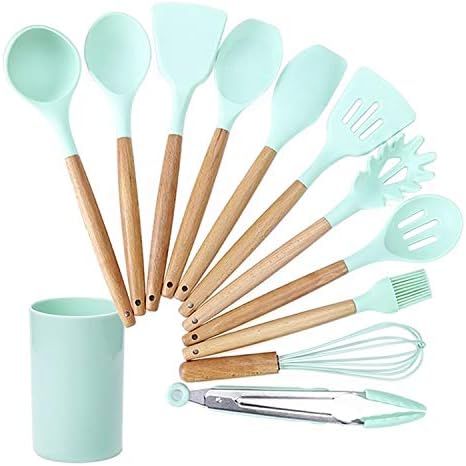 Kn082 11 in 1 Wooden Handle Silicone Kitchen Tool Set with Storage Bucket(Black) Cookware Set Cookware Picnic Boiler Cookware (Color : Green)