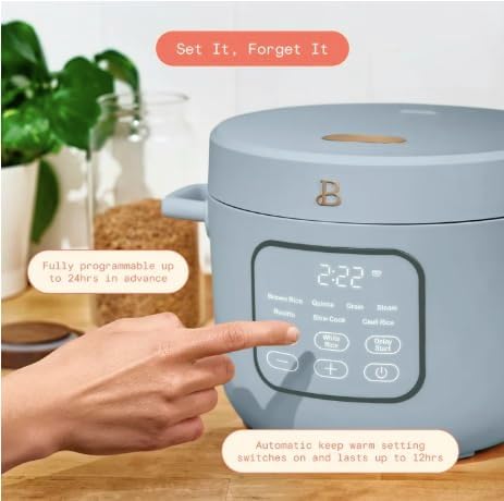 14-Cup Rice &amp Grain Cooker Touch-Activated Display 8 Presets Ceramic Nonstick Coating Steamer &amp Egg Tray Automatic Keep Warm Programmable 24 Hours (Blue)