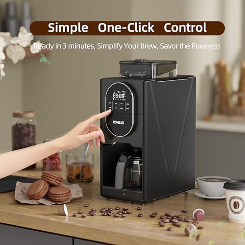 Coffee Maker with Grinder 2-in-1 Hot and Iced Coffee Maker Automatic Grind and Brew Machine with 22oz Glass Carafe Programmable Timer LED Display Keep Warm for Home Office Black