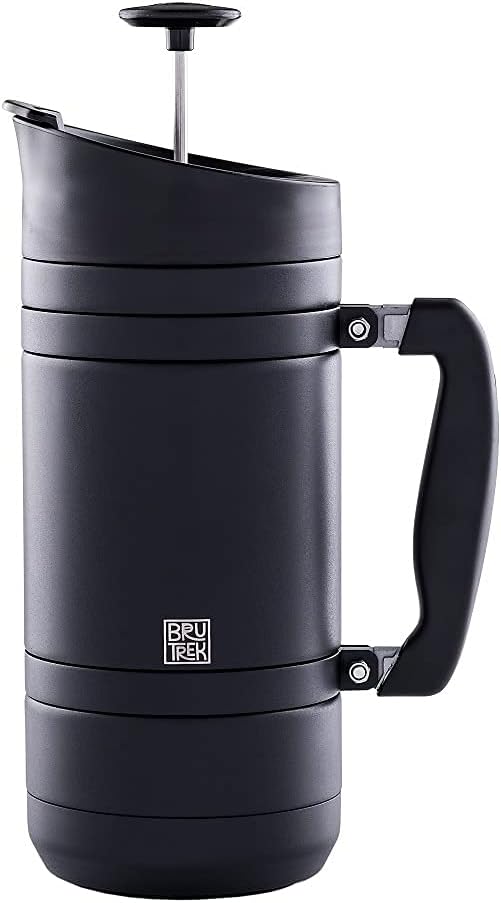 BruTrek® by Planetary Design BaseCamp Coffee Press - Double Wall Insulated Stainless Steel - Bru-Stop Technology No Grounds in Coffee No Spill Lid (Obsidian 48 fl.oz)