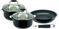 Black 4-Piece Cookware Set 2 Hand Pots: 6.3 (16 cm) 2 Handled Pots: 7.1 (18 cm) Frying Pan: 9.4 (24 cm) Stainless Steel Glossy Finish Up to 37.2 oz (1200 g) Capacity No Lid