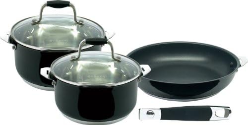 Black 4-Piece Cookware Set 2 Hand Pots: 6.3 (16 cm) 2 Handled Pots: 7.1 (18 cm) Frying Pan: 9.4 (24 cm) Stainless Steel Glossy Finish Up to 37.2 oz (1200 g) Capacity No Lid