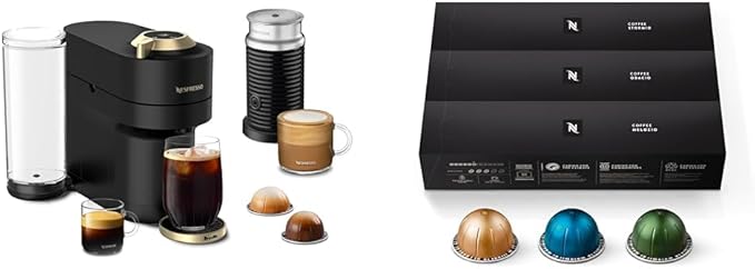 Nespresso Limited-Edition Vertuo Pop+ Deluxe Coffee and Espresso Maker by Breville with Milk Frother Matte Black Gold Capsules Vertuo Line