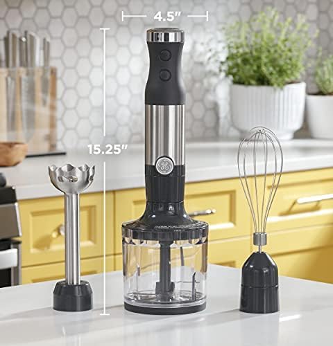 GE Immersion Blender | Handheld Blender for Shakes Smoothies Baby Food &amp More | Includes Whisk &amp Blending Jar | 2-Speed | Interchangeable Attachment for Easy Clean | 500 Watts | Stainless St
