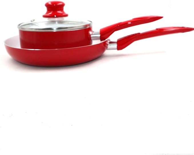 White Ceramic Coating Red Cookware Set Soup Pot and Frying Pan Milk Pot and Glass Lid Total 7PCS Non-Stick Pan (Green Variety Pack)
