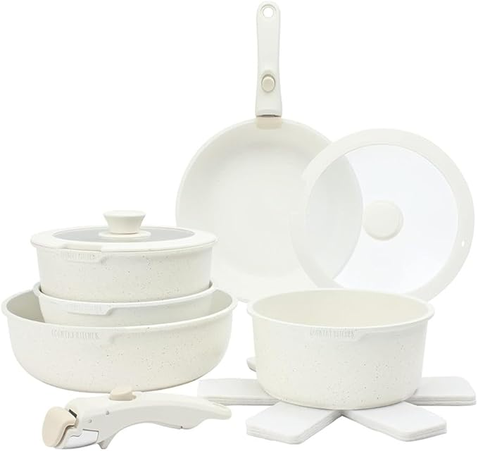 Pots and Pans Set Healthy Safe Ceramic Nonstick Kitchen Cookware with Soft Touch Removable Handle CookwareCream DiamondOne-Cream-One