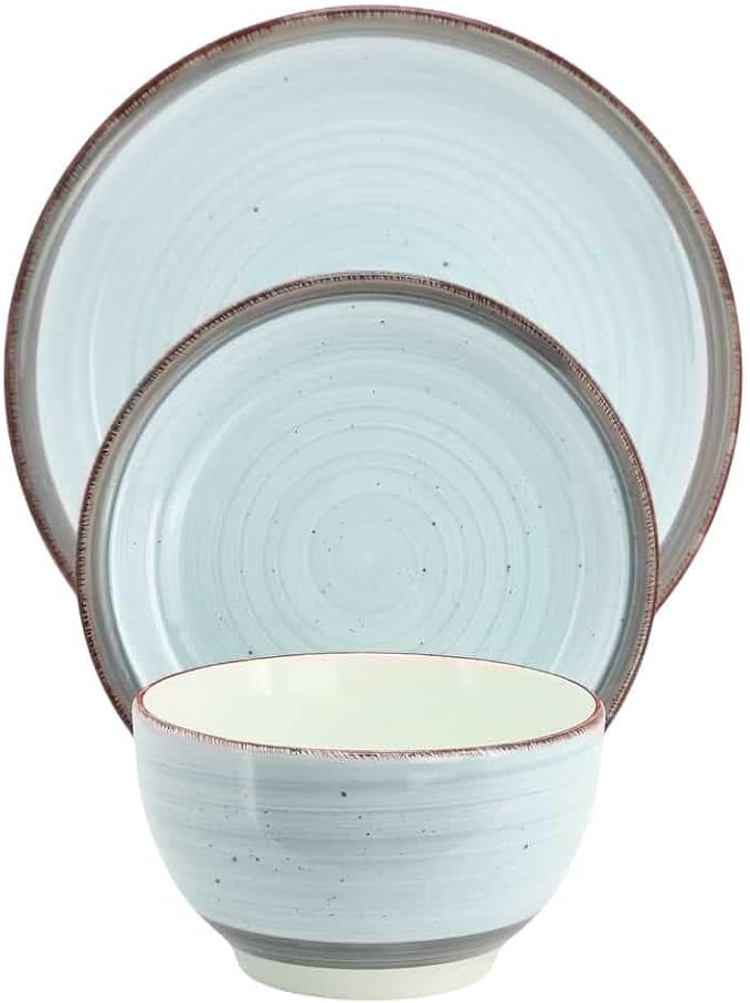 12-Piece Speckled Ceramic Dinnerware Set – Light Blue Plates and Bowls for 4 Rustic Everyday Tableware Microwave &amp Dishwasher Safe