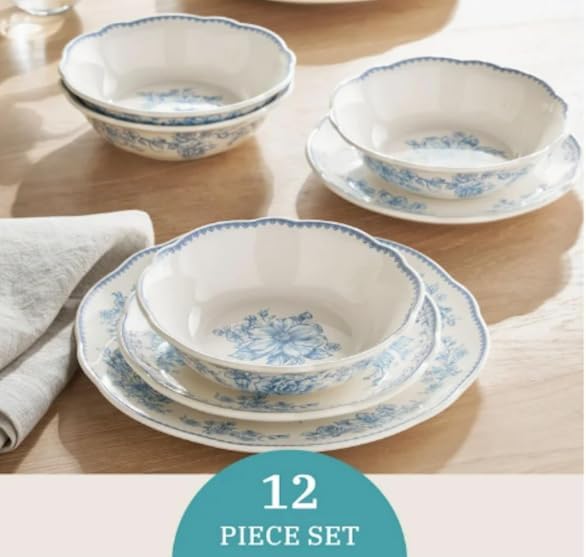 Vintage Inspired Agatha 12-Piece Stoneware Dinnerware Set (Agatha Blue)