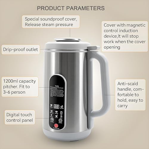 Soy Milk Maker with 12-Blade Cutter LED Display Delay Start Keep Warm Boil Water for Homemade Nut Milk