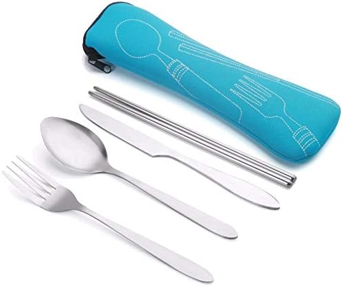 ASD88 4 Pcs/Set Stainless Steel Fork Spoon Chopsticks Travel Camping Cutlery Tools Tableware(Pink) Cookware Set Cookware Picnic Boiler Cookware (Color : Red)