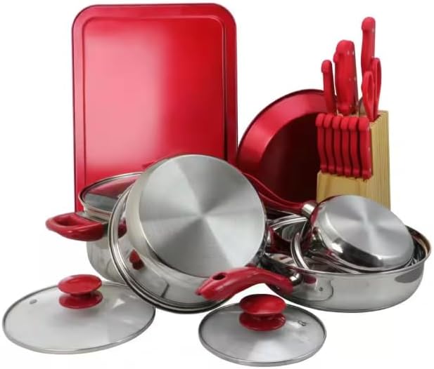22-Piece Nonstick Cookware and Bakeware Set with Utensils – Kitchen Combo Set with Pots Pans Lids – Red Aluminum Cookware with Heat Resistant Handles
