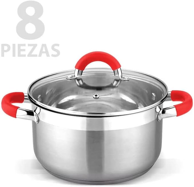 Cookware 8 Pieces Sets of Pans and Pots for Induction Vitroceramic and Gas. Glass Lids. Stainless Steel.