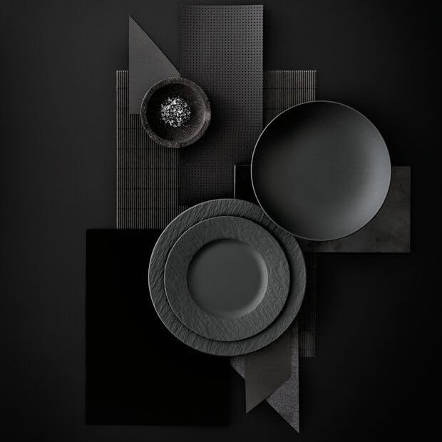 Villeroy &amp Boch Manufacture Rock 12-Piece Dinnerware Set Service for 4 Dinner Plates Salad Plates &amp Pasta Bowls Premium Porcelain Made in Germany Matte Black