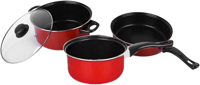 3pcs Steel Frying Pan Soup Pot with Lid Blush Set Nonstick Skillet Kitchen Pots and Pan Cookware Set Cooking Tool Frying Pan Soup Pot Milk Pan Set Kitchen Utensil Milk Pot