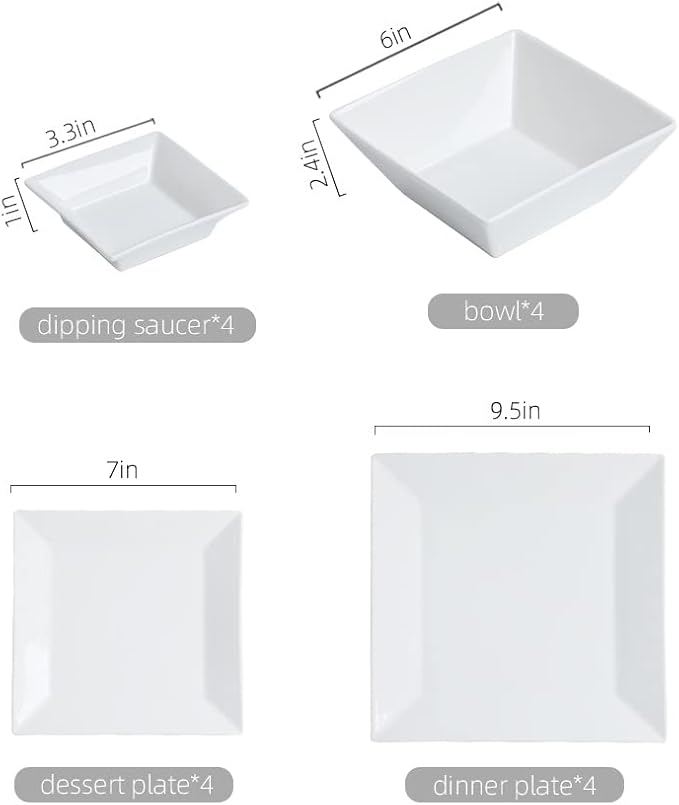 Porlien 16-Piece Classic Square Dinnerware Set for 4-Square Dinner Plates Dessert Plates Bowls &amp Dipping Saucers Off White Dishes for 4